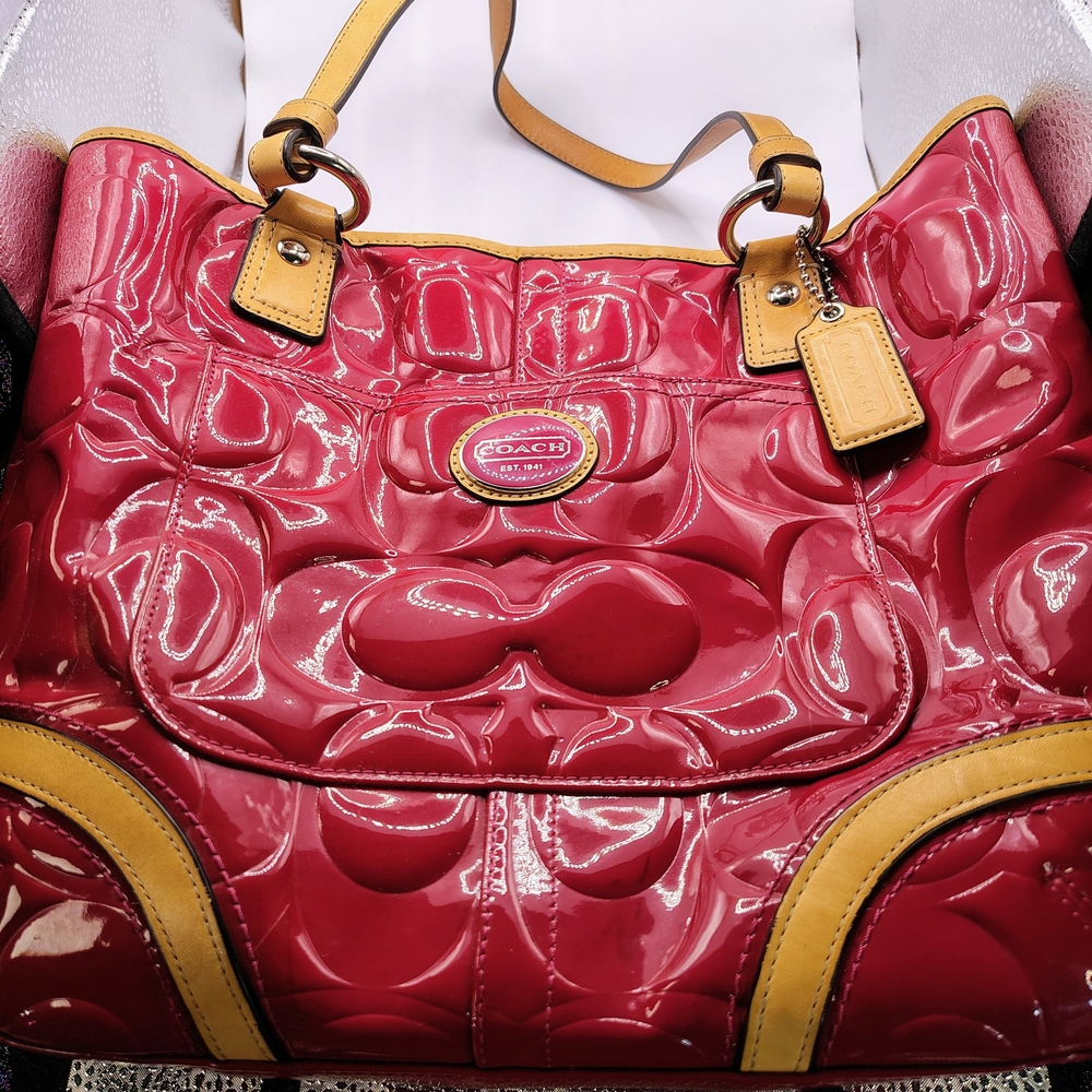 COACH Pink Patent Leather Tote with Tan Trim